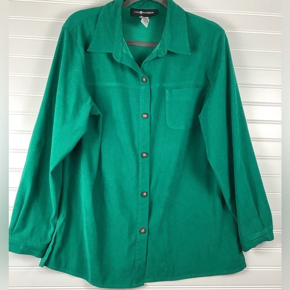 Sag Harbor Women's Button Down Shirt Size 14 Green Pocket Long Sleeve